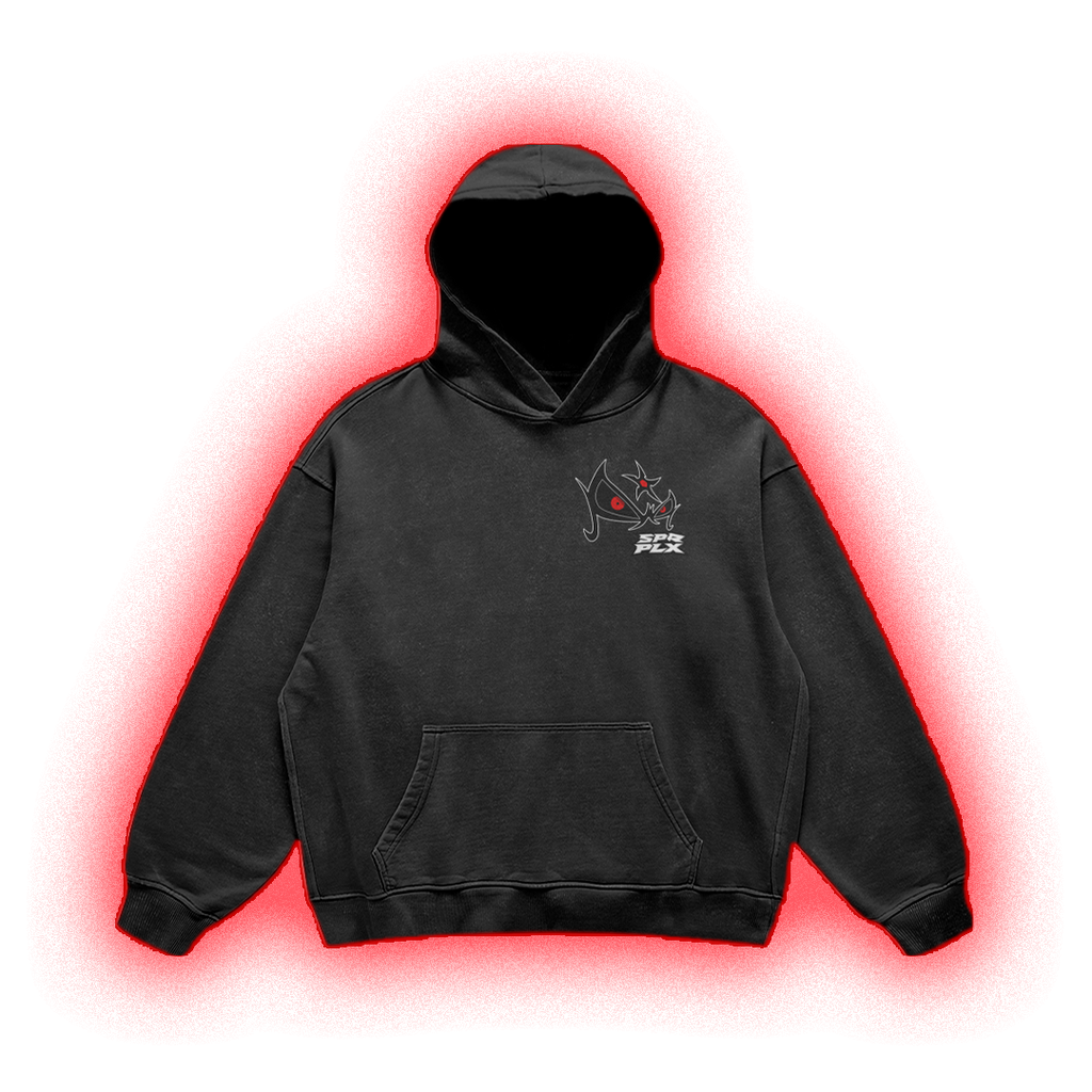 A black washed pullover hoodie with a small white and red graphic on the left chest, displayed against a solid white background with a red glow effect around the edges.