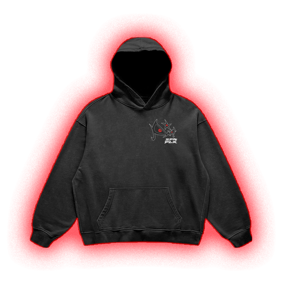 A black washed pullover hoodie with a small white and red graphic on the left chest, displayed against a solid white background with a red glow effect around the edges.