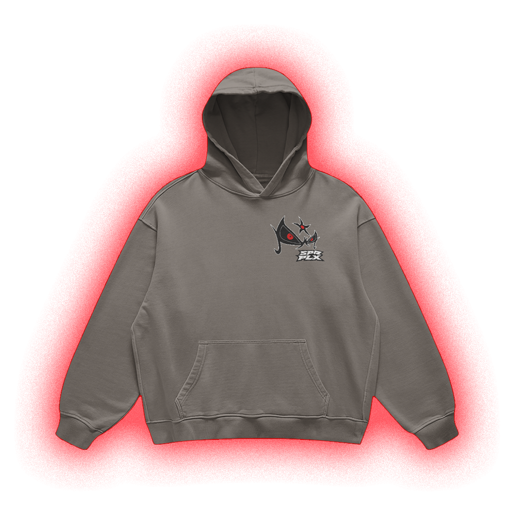 A gray pullover hoodie with a small chest graphic featuring a stylized flag and the text 'HARSH' and 'HARD', displayed against a solid white background with a red glow effect around the garment.