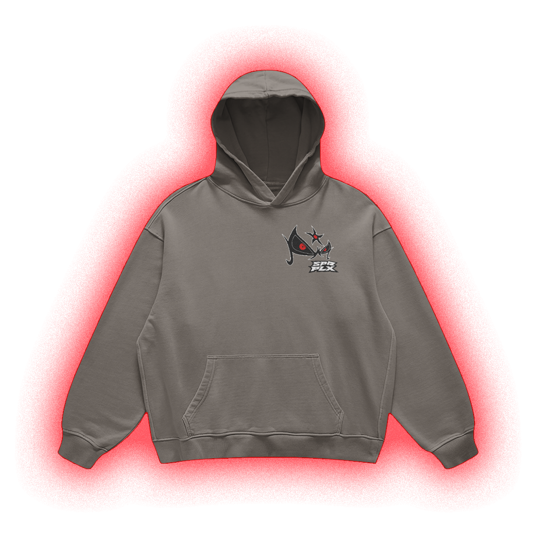 A gray pullover hoodie with a small chest graphic featuring a stylized flag and the text 'HARSH' and 'HARD', displayed against a solid white background with a red glow effect around the garment.